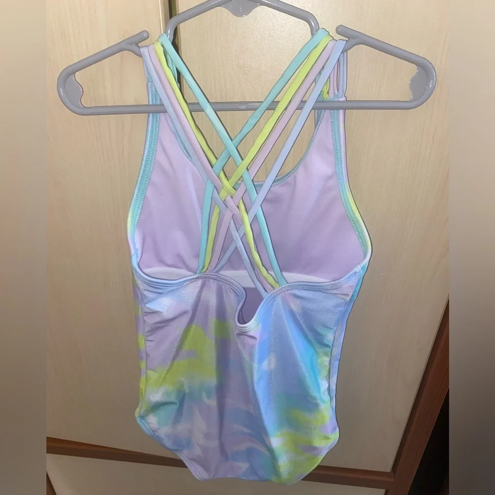 Justice Girls Tie Dye Graphic One Piece Swimsuit S 7/8 Strappy Back